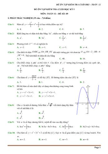 Đề ôn tập kiểm tra cuối học kì 1 môn Toán Lớp 12 - Đề số 9 (Có hướng dẫn chi tiết)