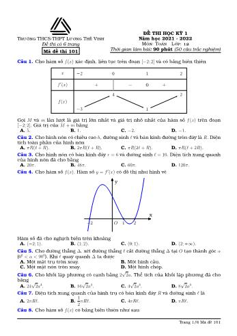 Đề thi học kì 1 môn Toán Lớp 12 - Năm học 2021-2022 - Trường THPT chuyên Lương Thế Vinh (Có đáp án)