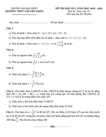 Đề thi học kì 1 môn Toán Lớp 12 - Năm học 2022-2023 - Trường THPT chuyên Khoa học tự nhiên