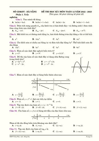 Đề thi học kì 1 môn Toán Lớp 12 - Năm học 2022-2023 - Trường THPT Trần Phú (Có đáp án)