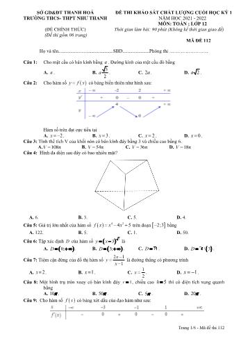 Đề thi khảo sát chất lượng cuối học kì 1 môn Toán Lớp 12 - Mã đề 112 - Năm học 2021-2022 - Trường THCS&THPT Như Thanh