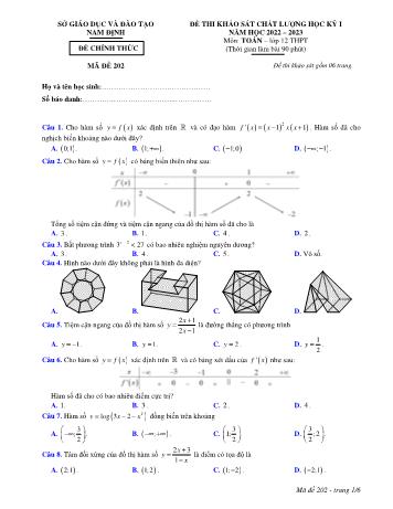 Đề thi khảo sát chất lượng học kì 1 môn Toán Lớp 12 - Năm học 2022-2023 - Sở GD&ĐT Nam Định (Có đáp án)