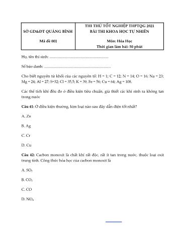 Đề thi thử Tốt nghiệp THPT Quốc gia bài thi Khoa học tự nhiên - Môn Hóa học - Mã đề 001 - Năm học 2021 - Sở GD&ĐT Quảng Bình (Có đáp án)