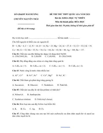 Đề thi thử Tốt nghiệp THPT Quốc gia bài thi Khoa học tự nhiên - Môn Hóa học - Năm học 2021 - Trường THPT chuyên Nguyễn Trãi (Có đáp án)