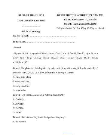 Đề thi thử Tốt nghiệp THPT Quốc gia bài thi Khoa học tự nhiên - Môn Hóa học - Năm học 2021 - Trường THPT chuyên Lam Sơn (Có đáp án)