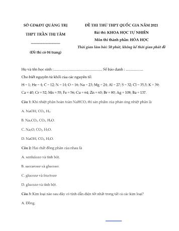 Đề thi thử Tốt nghiệp THPT Quốc gia bài thi Khoa học tự nhiên - Môn Hóa học - Năm học 2021 - Trường THPT Trần Thị Tâm (Có đáp án)