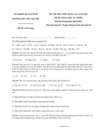 Đề thi thử Tốt nghiệp THPT Quốc gia bài thi Khoa học tự nhiên - Môn Hóa học - Năm học 2021 - Sở GD&ĐT Quảng Ninh (Có đáp án)