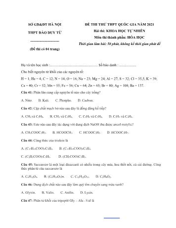 Đề thi thử Tốt nghiệp THPT Quốc gia bài thi Khoa học tự nhiên - Môn Hóa học - Năm học 2021 - Trường THPT Đào Duy Từ (Có đáp án)