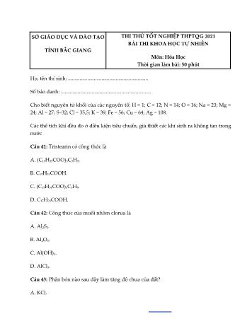 Đề thi thử Tốt nghiệp THPT Quốc gia bài thi Khoa học tự nhiên - Môn Hóa học - Năm học 2021 - Sở GD&ĐT Bắc Giang (Có đáp án)