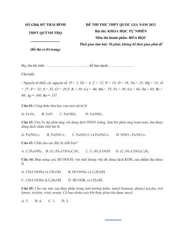 Đề thi thử Tốt nghiệp THPT Quốc gia bài thi Khoa học tự nhiên - Môn Hóa học - Năm học 2021 - Trường THPT Quỳnh Thọ (Có đáp án)