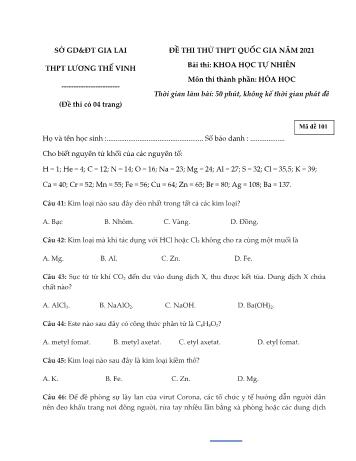 Đề thi thử Tốt nghiệp THPT Quốc gia bài thi Khoa học tự nhiên - Môn Hóa học - Mã đề 101 - Năm học 2021 - Trường THPT Lương Thế Vinh (Có đáp án)