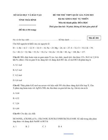 Đề thi thử Tốt nghiệp THPT Quốc gia bài thi Khoa học tự nhiên - Môn Hóa học - Mã đề 201 - Năm học 2021 - Sở GD&ĐT Thái Bình