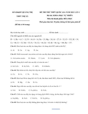 Đề thi thử Tốt nghiệp THPT Quốc gia bài thi Khoa học tự nhiên (Lần 1) - Môn Hóa học - Năm học 2021 - Sở GD&ĐT Quảng Trị (Có đáp án)