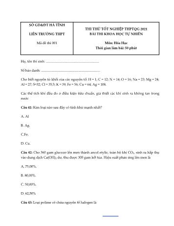 Đề thi thử Tốt nghiệp THPT Quốc gia bài thi Khoa học tự nhiên - Môn Hóa học - Mã đề 001 - Năm học 2021 - Sở GD&ĐT Hà Tĩnh