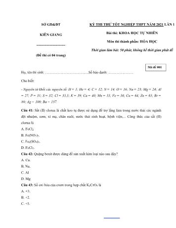 Đề thi thử Tốt nghiệp THPT Quốc gia bài thi Khoa học tự nhiên (Lần 1) - Môn Hóa học - Mã đề 001 - Năm học 2021 - Sở GD&ĐT Kiên Giang