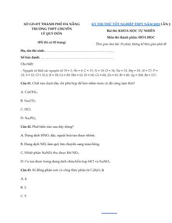 Đề thi thử Tốt nghiệp THPT Quốc gia bài thi Khoa học tự nhiên (Lần 2) - Môn Hóa học - Năm học 2021 - Trường THPT chuyên Lê Quý Đôn (Có đáp án)