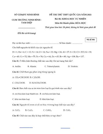 Đề thi thử Tốt nghiệp THPT Quốc gia bài thi Khoa học tự nhiên - Môn Hóa học - Mã đề 006 - Năm học 2021 - Sở GD&ĐT Ninh Bình