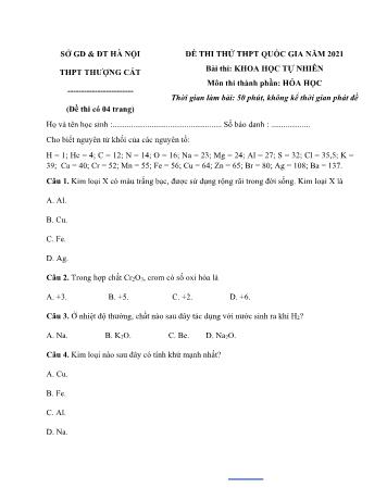 Đề thi thử Tốt nghiệp THPT Quốc gia bài thi Khoa học tự nhiên - Môn Hóa học - Năm học 2021 - Trường THPT Thượng Cát (Có đáp án)
