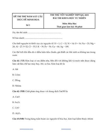 Đề thi thử Tốt nghiệp THPT Quốc gia bài thi Khoa học tự nhiên - Đề 1 - Môn Hóa học - Năm học 2021 (Có đáp án)