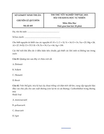Đề thi thử Tốt nghiệp THPT Quốc gia bài thi Khoa học tự nhiên - Môn Hóa học - Mã đề 485 - Năm học 2021 - Sở GD&ĐT Ninh Thuận