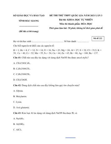 Đề thi thử Tốt nghiệp THPT Quốc gia bài thi Khoa học tự nhiên (Lần 3) - Môn Hóa học - Mã đề 222 - Năm học 2021 - Sở GD&ĐT Bắc Giang (Có đáp án)