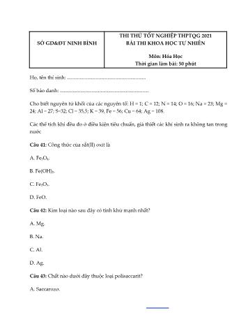 Đề thi thử Tốt nghiệp THPT Quốc gia bài thi Khoa học tự nhiên - Môn Hóa học - Năm học 2021 - Sở GD&ĐT Ninh Bình (Có đáp án)