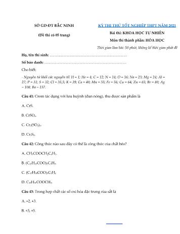 Đề thi thử Tốt nghiệp THPT Quốc gia bài thi Khoa học tự nhiên - Môn Hóa học - Năm học 2021 - Sở GD&ĐT Bắc Ninh