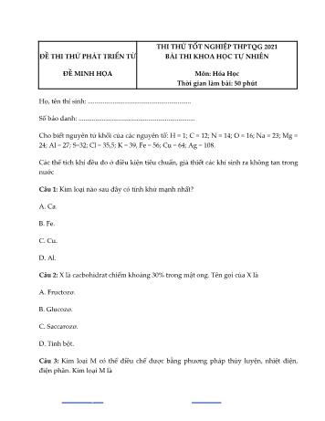 Đề thi thử Tốt nghiệp THPT Quốc gia bài thi Khoa học tự nhiên - Môn Hóa học - Năm học 2021 (Có đáp án)