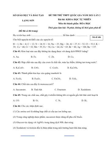 Đề thi thử Tốt nghiệp THPT Quốc gia bài thi Khoa học tự nhiên (Lần 2) - Môn Hóa học - Mã đề 486 - Năm học 2021 - Sở GD&ĐT Lạng Sơn