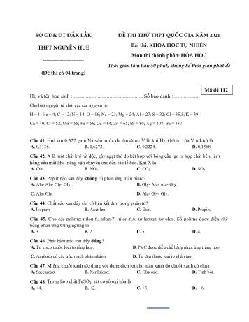 Đề thi thử Tốt nghiệp THPT Quốc gia bài thi Khoa học tự nhiên - Môn Hóa học - Mã đề 112 - Năm học 2021 - Trường THPT Nguyễn Huệ (Có đáp án)