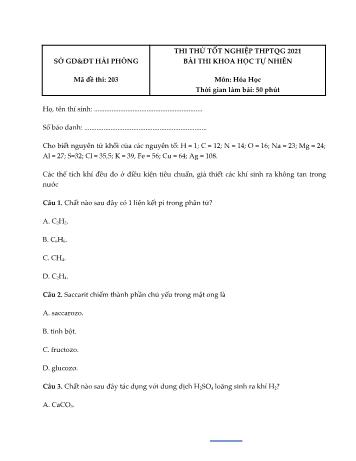 Đề thi thử Tốt nghiệp THPT Quốc gia bài thi Khoa học tự nhiên - Môn Hóa học - Mã đề 203 - Năm học 2021 - Sở GD&ĐT Hải Phòng