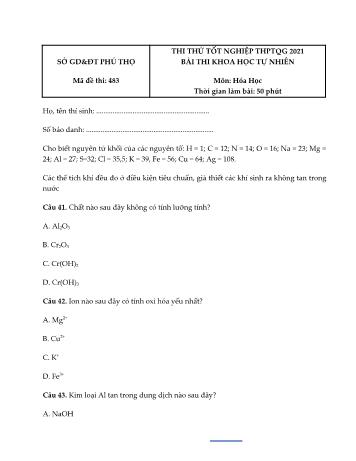Đề thi thử Tốt nghiệp THPT Quốc gia bài thi Khoa học tự nhiên - Môn Hóa học - Mã đề 483 - Năm học 2021 - Sở GD&ĐT Phú Thọ