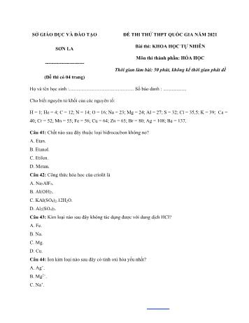 Đề thi thử Tốt nghiệp THPT Quốc gia bài thi Khoa học tự nhiên - Môn Hóa học - Năm học 2021 - Sở GD&ĐT Sơn La (Có đáp án)