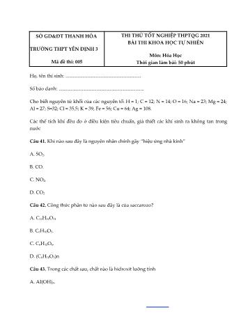 Đề thi thử Tốt nghiệp THPT Quốc gia bài thi Khoa học tự nhiên - Môn Hóa học - Mã đề 005 - Năm học 2021 - Trường THPT Yên Định 3