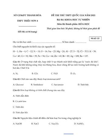 Đề thi thử Tốt nghiệp THPT Quốc gia bài thi Khoa học tự nhiên - Môn Hóa học - Mã đề 125 - Năm học 2021 - Trường THPT Triệu Sơn 4 (Có đáp án)