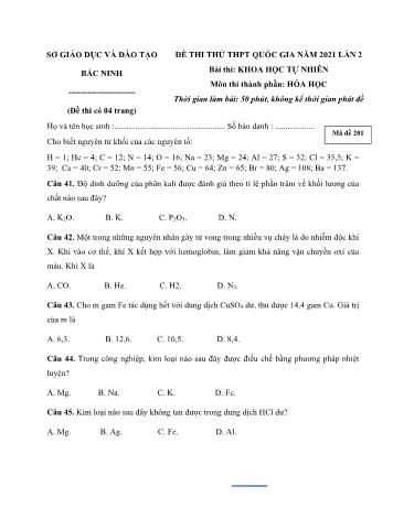 Đề thi thử Tốt nghiệp THPT Quốc gia bài thi Khoa học tự nhiên (Lần 2) - Môn Hóa học - Mã đề 201 - Năm học 2021 - Sở GD&ĐT Bắc Ninh (Có đáp án)