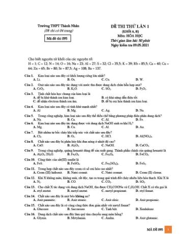 Đề thi thử Tốt nghiệp THPT Quốc gia môn Hóa học (Khối A, B) - Mã đề 095 - Trường THPT Thành Nhân