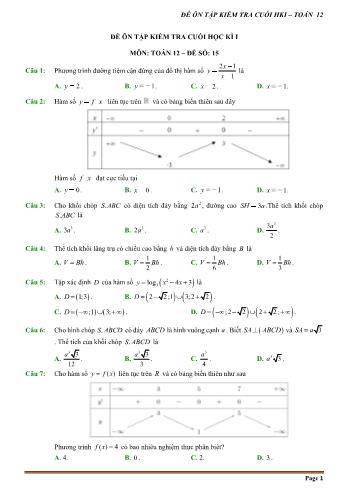 Đề trắc nghiệm ôn tập kiểm tra cuối học kì 1 môn Toán Lớp 12 - Đề số 15 (Có hướng dẫn chi tiết)