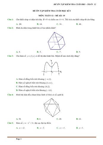 Đề trắc nghiệm ôn tập kiểm tra cuối học kì 1 môn Toán Lớp 12 - Đề số 19 (Có hướng dẫn chi tiết)