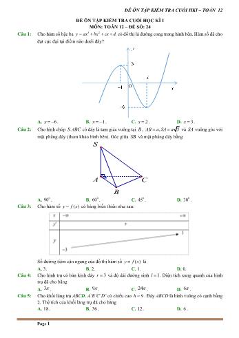 Đề trắc nghiệm ôn tập kiểm tra cuối học kì 1 môn Toán Lớp 12 - Đề số 24 (Có hướng dẫn chi tiết)