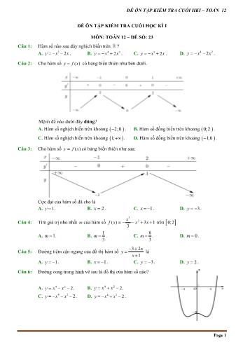 Đề trắc nghiệm ôn tập kiểm tra cuối học kì 1 môn Toán Lớp 12 - Đề số 23 (Có hướng dẫn chi tiết)