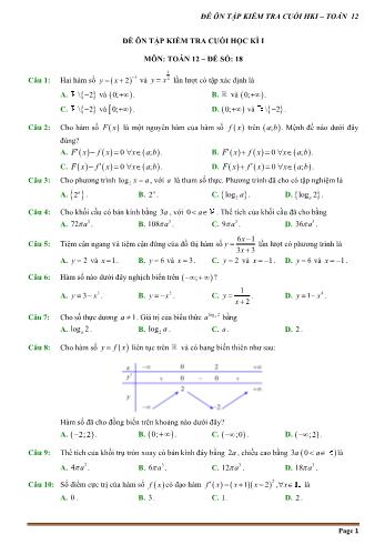 Đề trắc nghiệm ôn tập kiểm tra cuối học kì 1 môn Toán Lớp 12 - Đề số 18 (Có hướng dẫn chi tiết)