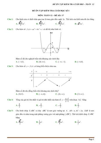 Đề trắc nghiệm ôn tập kiểm tra cuối học kì 1 môn Toán Lớp 12 - Đề số 17 (Có hướng dẫn chi tiết)