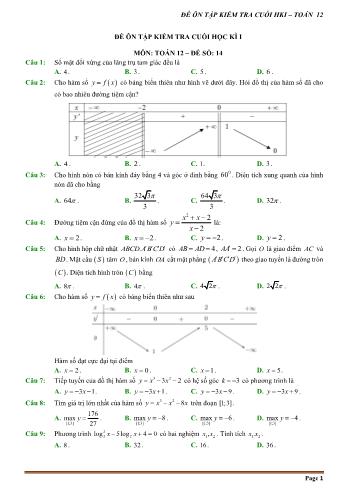 Đề trắc nghiệm ôn tập kiểm tra cuối học kì 1 môn Toán Lớp 12 - Đề số 14 (Có hướng dẫn chi tiết)