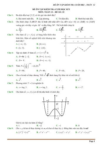 Đề trắc nghiệm ôn tập kiểm tra cuối học kì 1 môn Toán Lớp 12 - Đề số 25 (Có hướng dẫn chi tiết)