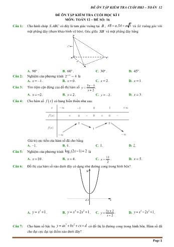 Đề trắc nghiệm ôn tập kiểm tra cuối học kì 1 môn Toán Lớp 12 - Đề số 16 (Có hướng dẫn chi tiết)