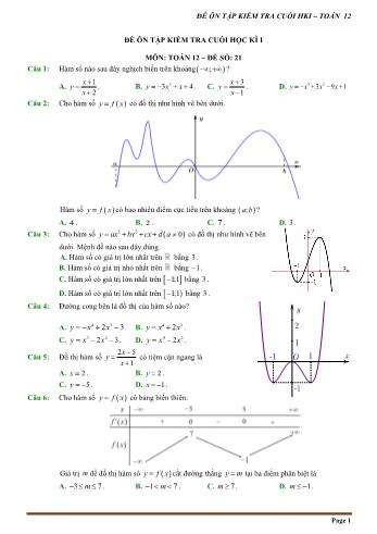 Đề trắc nghiệm ôn tập kiểm tra cuối học kì 1 môn Toán Lớp 12 - Đề số 21 (Có hướng dẫn chi tiết)