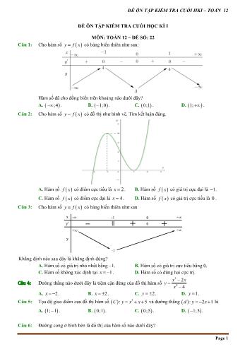 Đề trắc nghiệm ôn tập kiểm tra cuối học kì 1 môn Toán Lớp 12 - Đề số 22 (Có hướng dẫn chi tiết)