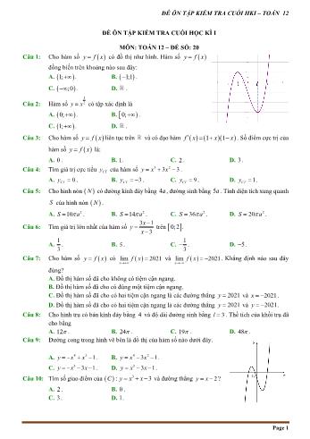 Đề trắc nghiệm ôn tập kiểm tra cuối học kì 1 môn Toán Lớp 12 - Đề số 20 (Có hướng dẫn chi tiết)