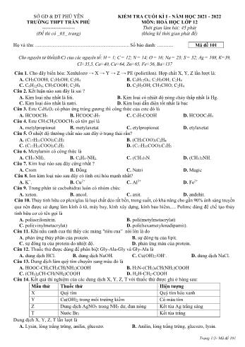 Kiểm tra cuối học kì 1 môn Hóa học Lớp 12 - Mã đề 101 - Năm học 2021-2022 - Trường THPT Trần Phú (Có đáp án)